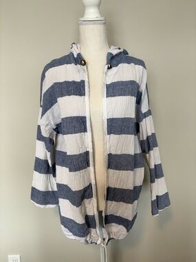 Charlie B Striped Hooded Cardigan Linen Blend Relaxed Fit L